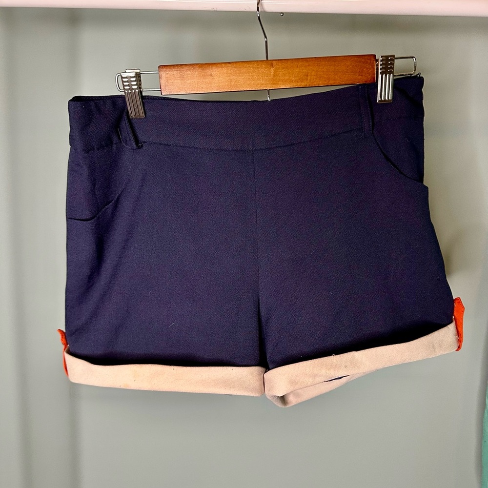 C. Luce Navy High Waisted Shorts with Cream Contrast Cuff & Orange Tab Size M
